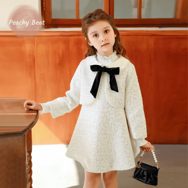 Fashion Baby Girl Princess Elegant Clothes Set Vest Dress+Outwear 2PCS Outfit Toddler Teens Child Pearl Baby Clothing Suit 3-14Y