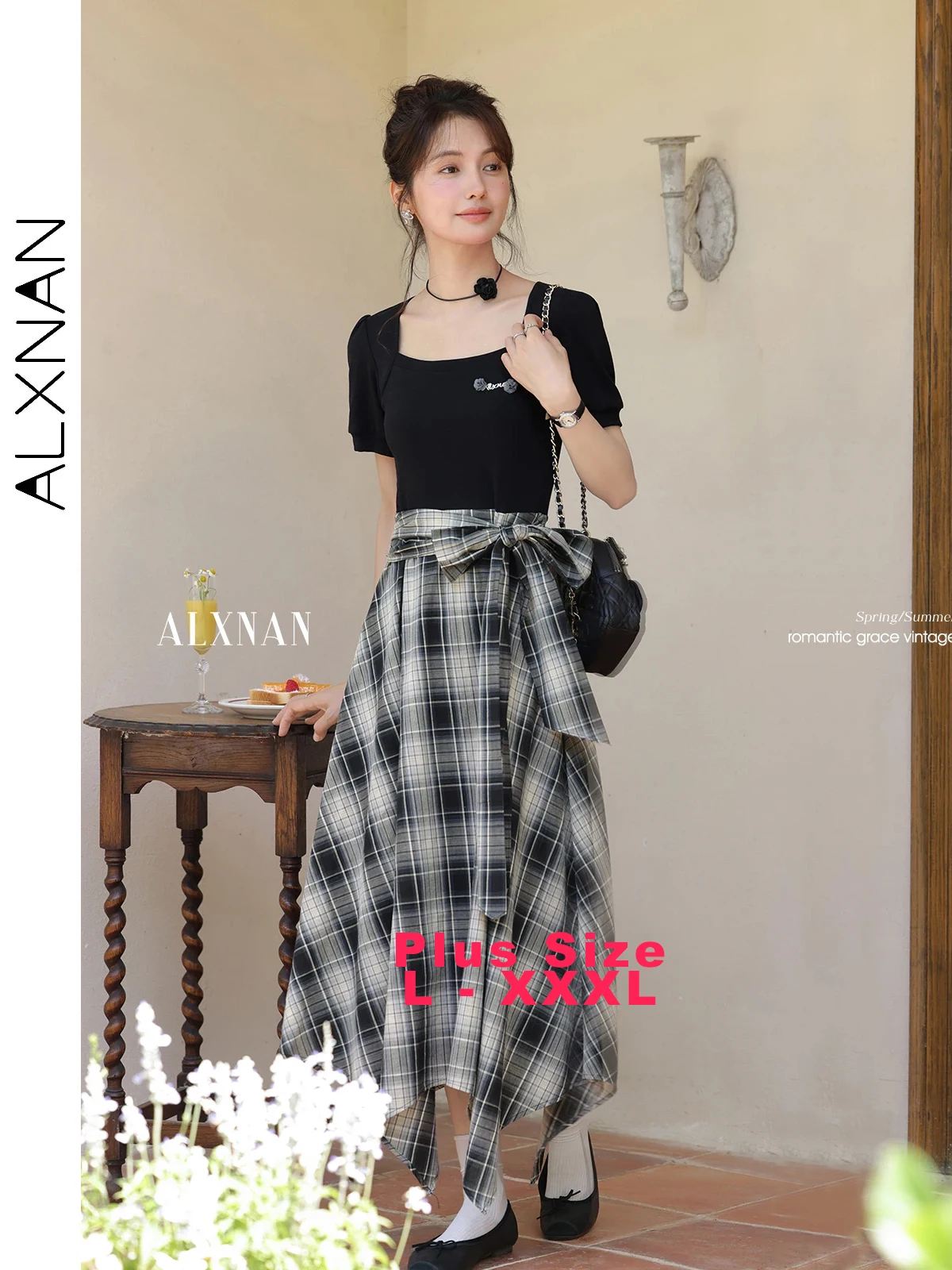 

ALXNAN Plus Size Women's Dress Long Black Plaid Patchwork Dress 2025 Summer Holiday Cotton Casual Short Sleeve Clothing D10707