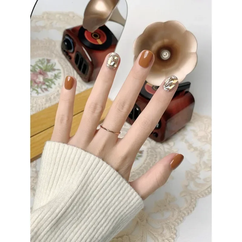 

10Pcs Handmade Brown Press-On Nails Sparkling Elegant Short Full Cover False Nail with Diamond Design Fake Nails for Women&Girls