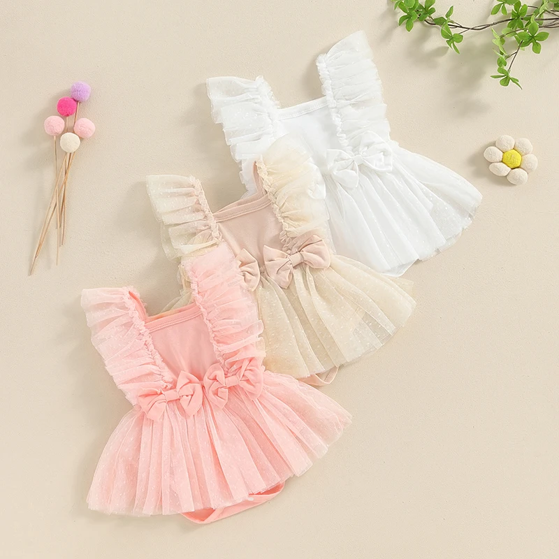 

New Summer Infant Baby Girls Tulle Romper Dress Dot/Fruit Print Flying Sleeve Square Neck Bow Jumpsuit Cotton Fashion Dress