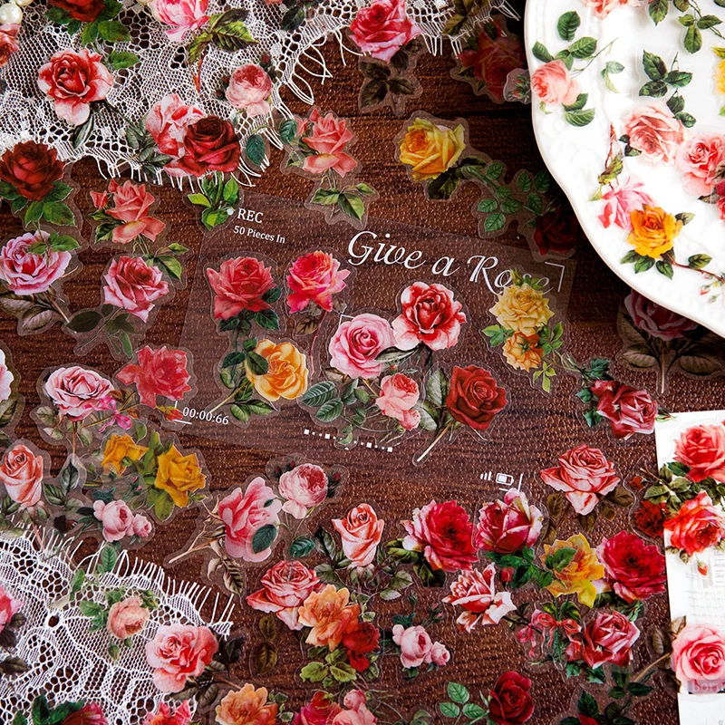 

100Pcs/lot Rose Flower Stickers Waterproof PET Material Removable Adhesive Laptop Phone Case Decals