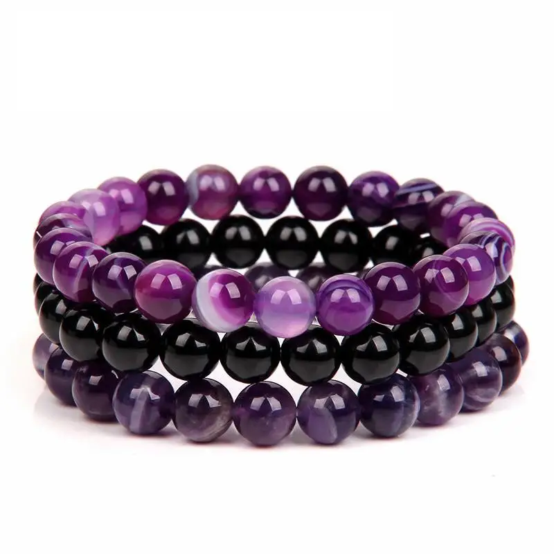 3Pcs/set Natural Stone Bracelet Sets Rhodonite Pink Purple Black Beads Bracelets For Women Men Jewelry