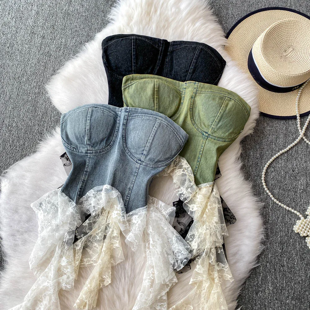 

Женские джинсовые рубашки с разрезом на шее, футболки Lady Y2K Ins Chic Night Out Club, футболки с кружевными лоскутными мягкими топами, вечерние футболки