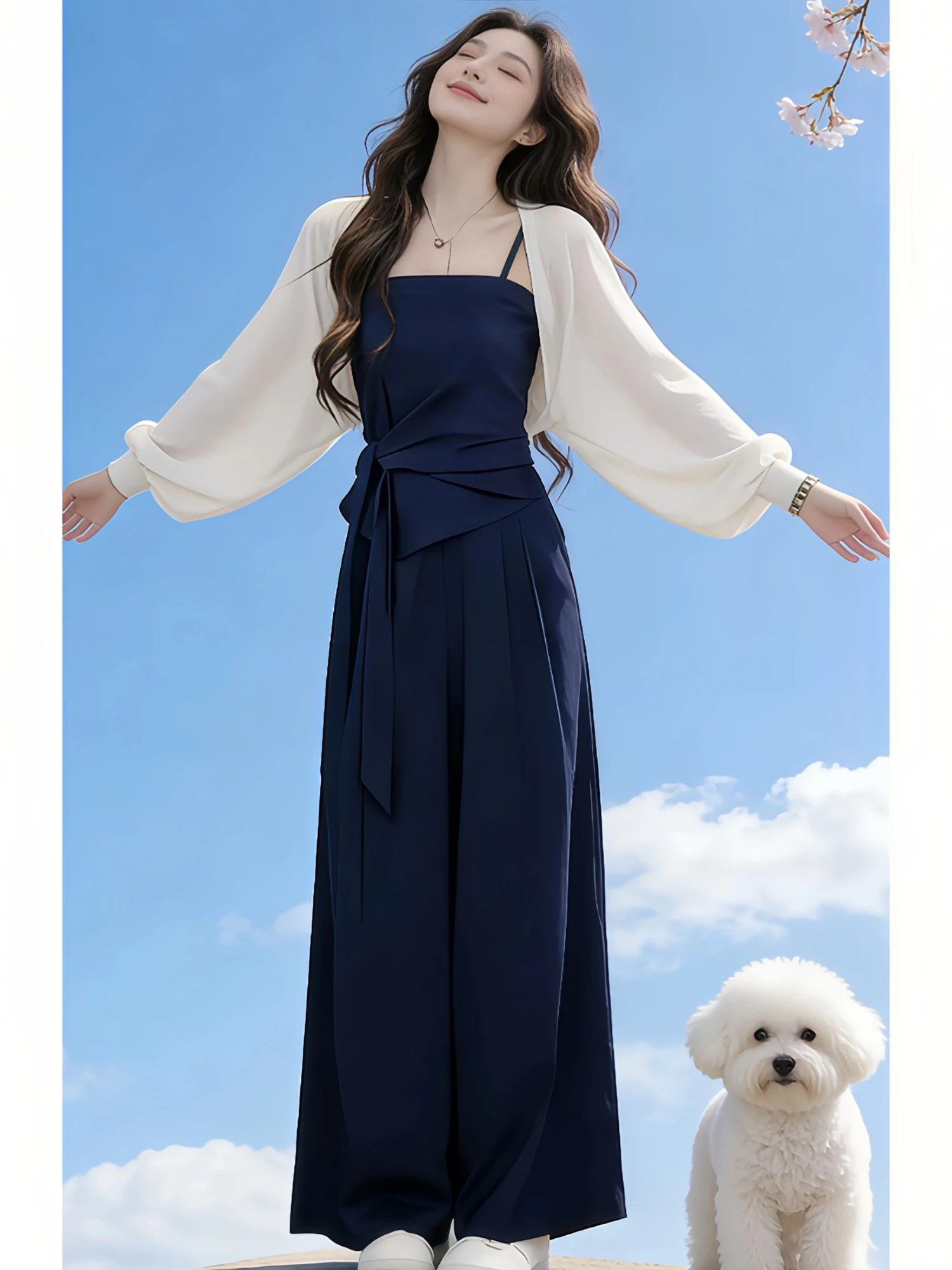 

Summer Fashion Set Women's Slim Fit Tube Top Strap Pleated Wide Leg Pants High Waist Casual Style Three Piece Ensemble