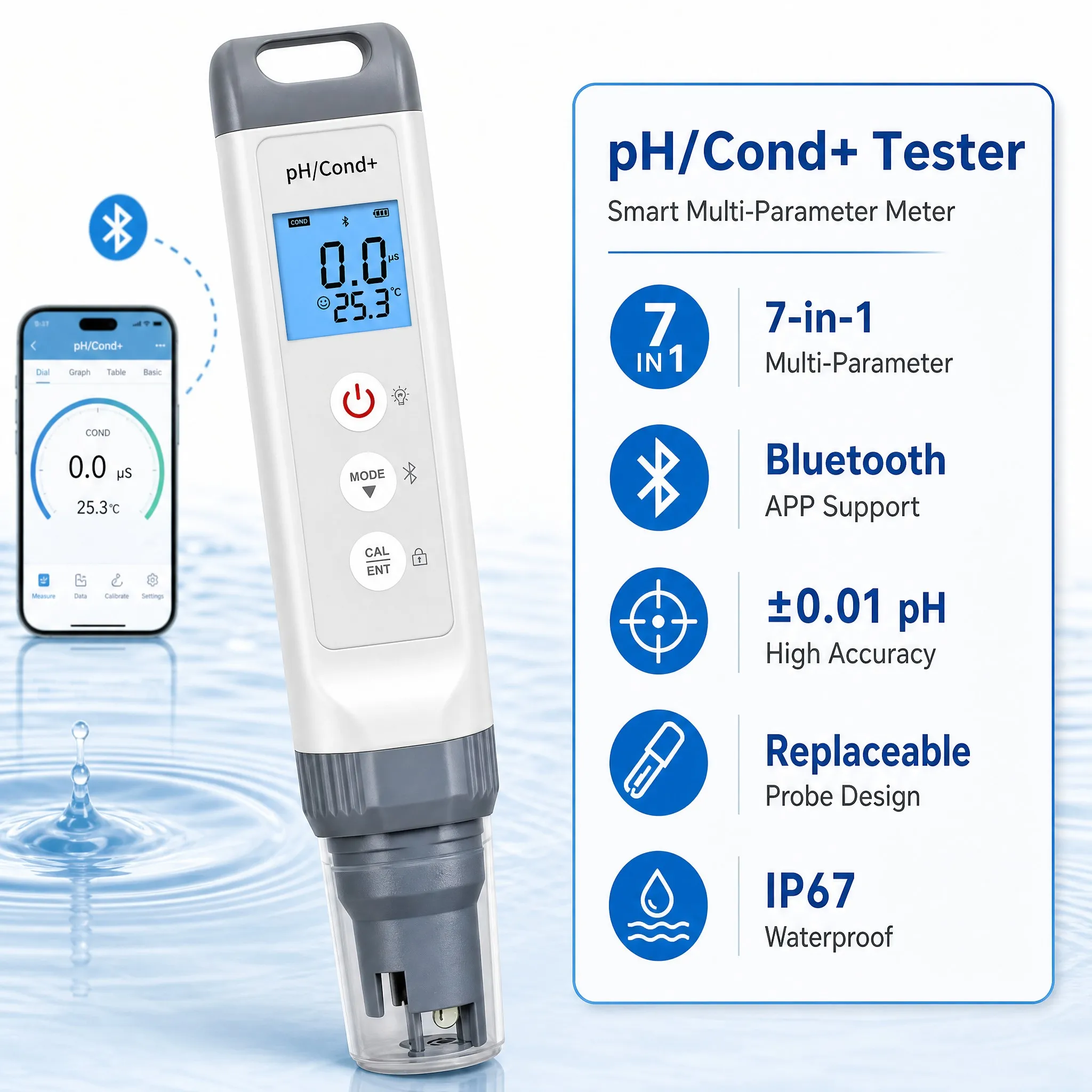 Digital 7 in 1 Multi Parameter Pen Type Water Quality Tester pH TDS EC Salinity Waterproof for Aquarium Hydroponics