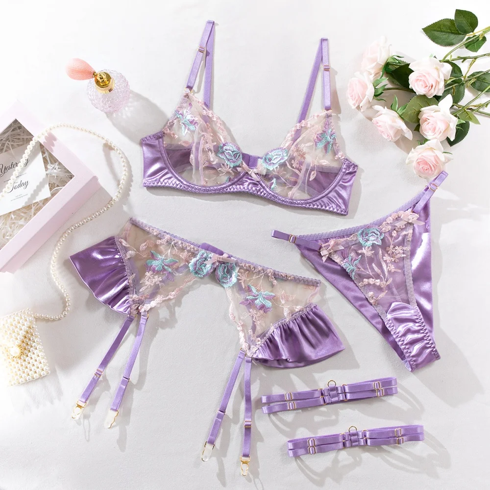 Krasapt Delicate Flower Embroidery Lingerie 4 Pcs Sets Woman Sexy See Through Bras+Panties+Peplum Skirts Garter Erotic Suits