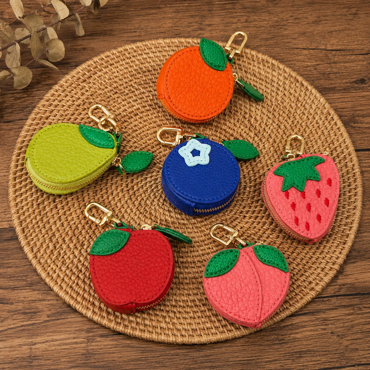1pc Cartoon PU Leather Coin Purse, Peach Apple Fruit Shaped Pouch, Multifunctional Keychain Bag Charm for Car Key & Coins