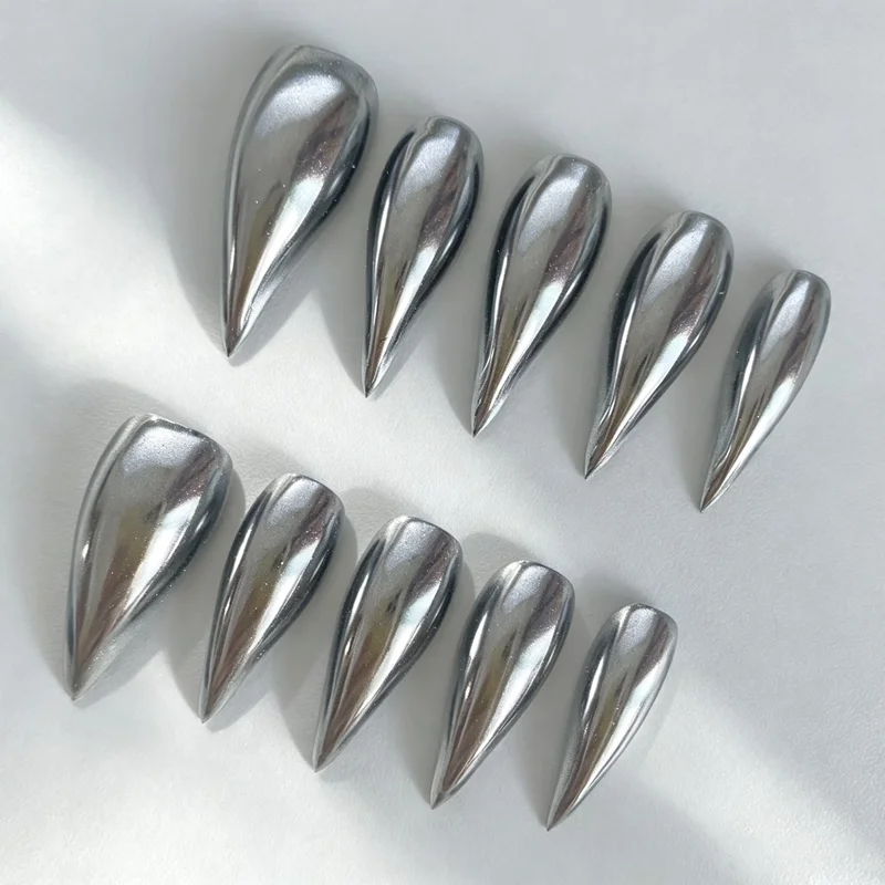 10PCS Dragon-claw Handmade Press on Nails Stiletto Sharp Chrome Silver Fake Nails Reusable Wearable Decorate False Manicure Nail