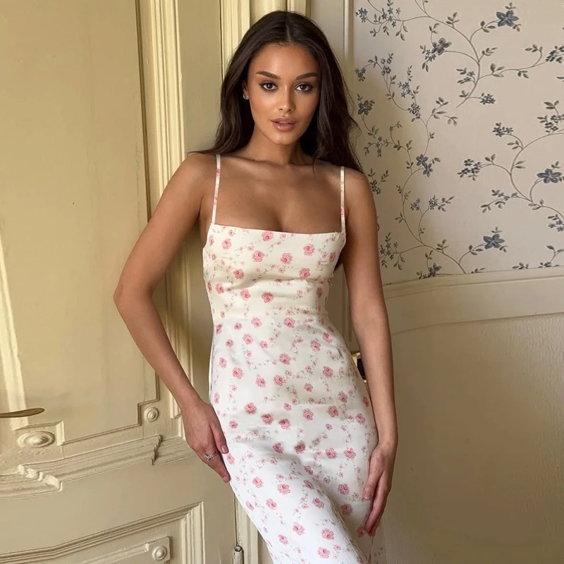 Vestido largo sin mangas con espalda descubierta y cremallera ajustada con estampado Floral, vestido informal elegante y Sexy para fiesta y Club, ropa de calle de verano