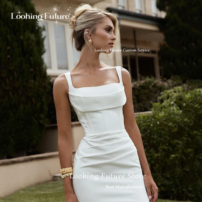 Einfaches Meerjungfrauen-Brautkleid, ärmellos, sexy, mit hohem Schlitz, Spaghettiträgern, Falten, eckigem Ausschnitt, Schleppe, individuell anpassbar