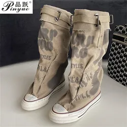 4cm Graffiti High Top Canvas Shoes Women's Spring Boots Wide Barrel Mid Barrel Boots New Trouser Barrel Stacking Boots 35 40