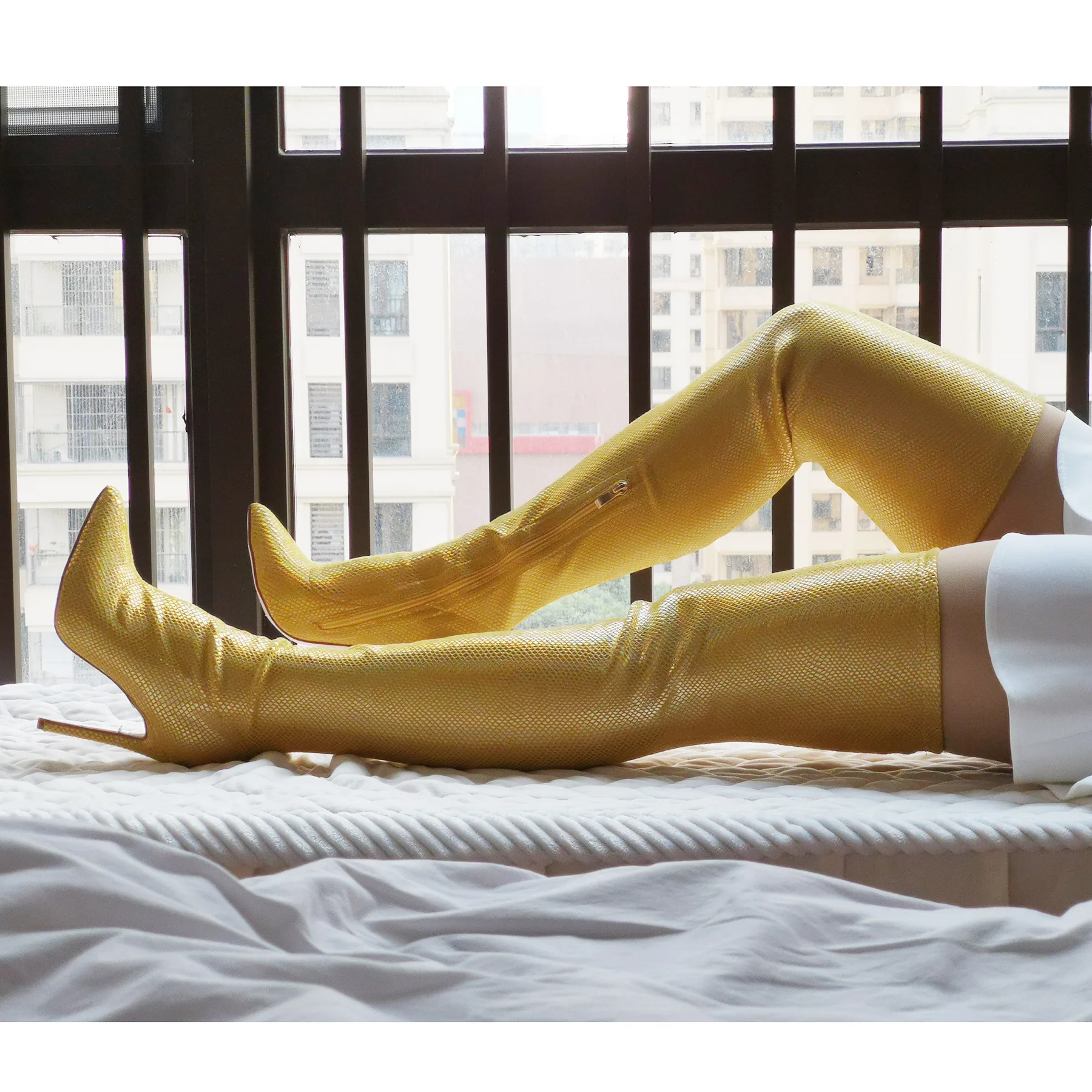 

Sexy Gold Python Stretch Thigh Boots Stage Thin High Heels Over The Knee Boots Women's Prom Long Boots
