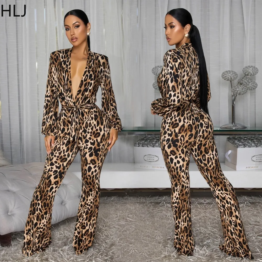 HLJ موضة ليوبارد طباعة Bodycon حللا امرأة العميق الخامس الرقبة طويلة الأكمام ضمادة المرقعة السروال القصير الإناث الشارع الشهير وزرة