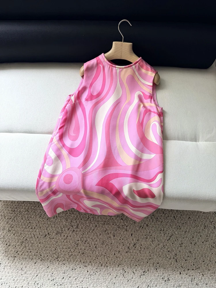 Summer Fashion Daily Casual Geometric Pattern Print Silk Mini Pencil Dress Women's O-Neck Sleeveless Vintage Short Dresses