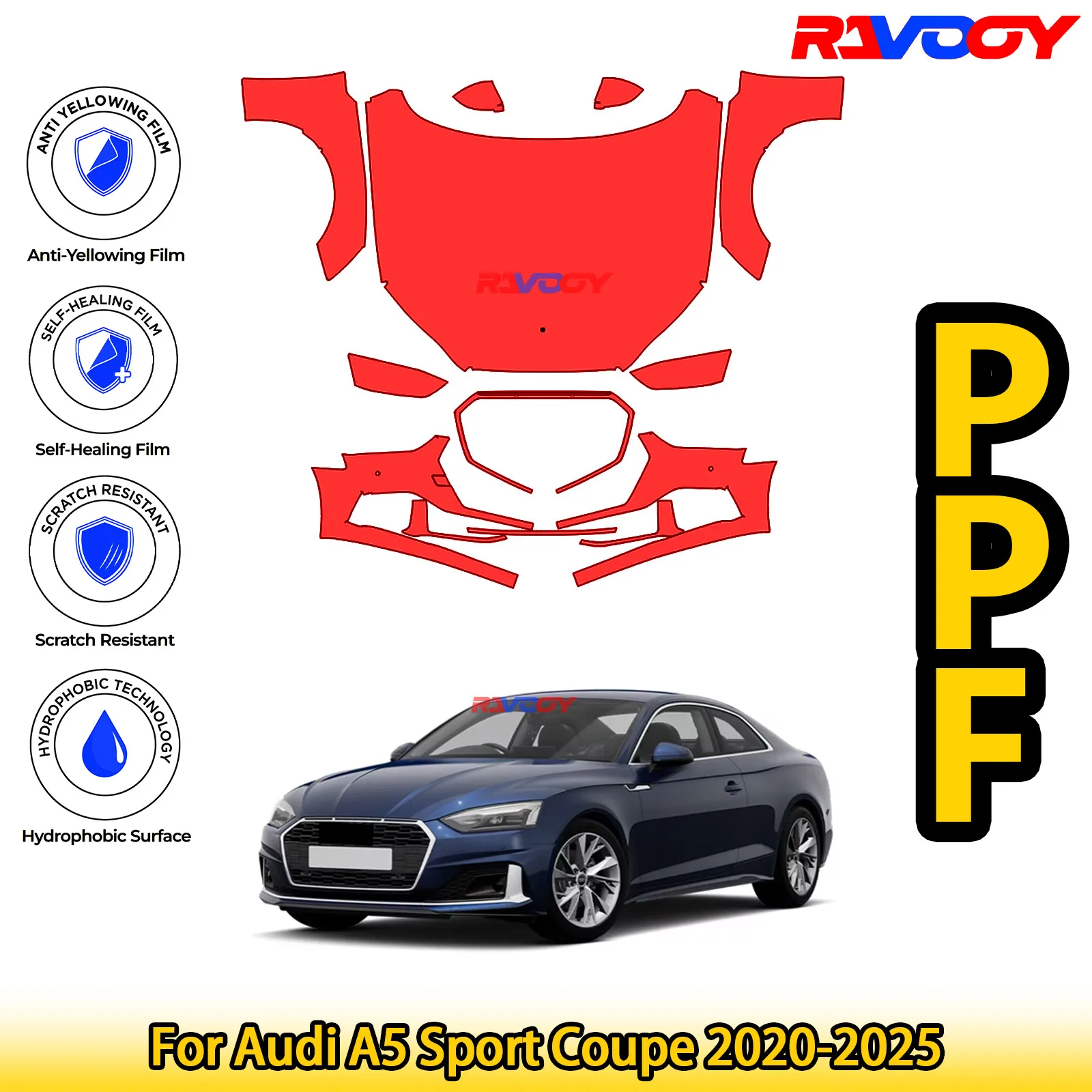 

For Audi A5 Sport Coupe 2020-2025 Glossy Matte Black Precut front PPF Kit Paint Protection Film