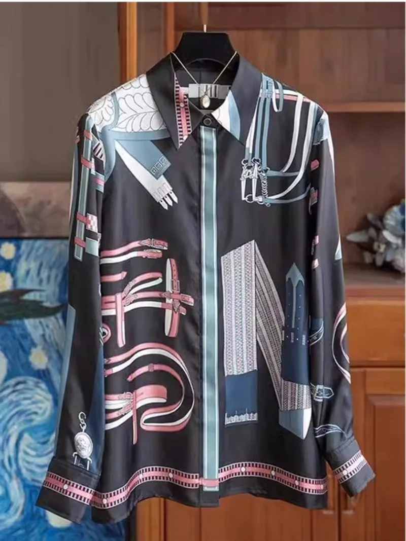 Vintage Damen Blusen Bedruckte Freizeithemden Mode Lose Sommer Koreanische Kleidung Langärmelige Satin Damen Tops