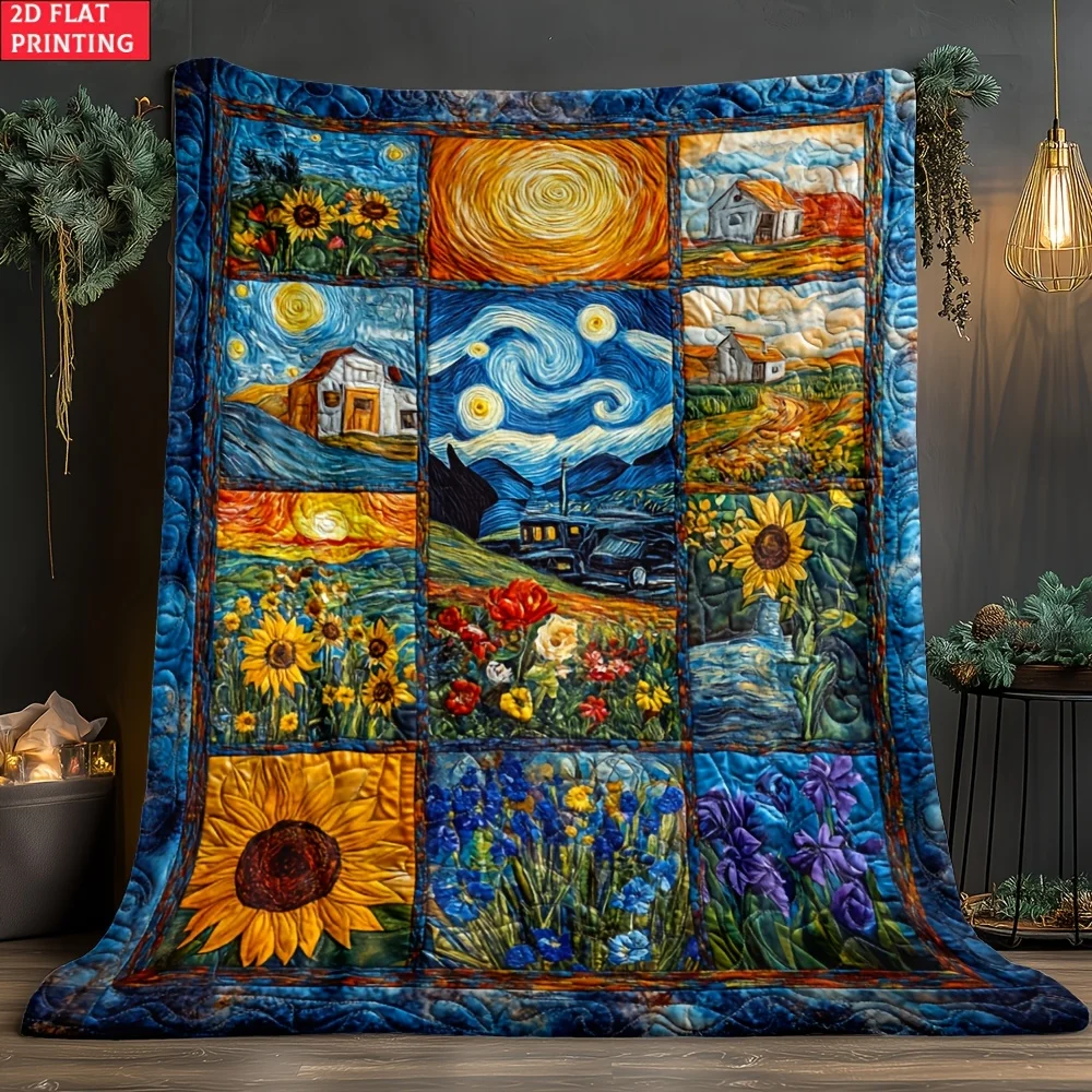2D Flat 1pc Van Gogh Starry Sky Suitable for Sofa, Bedroom, Living Room, Bed, Couch, Chair Soft and Warm Blanket-Lightweight Fla