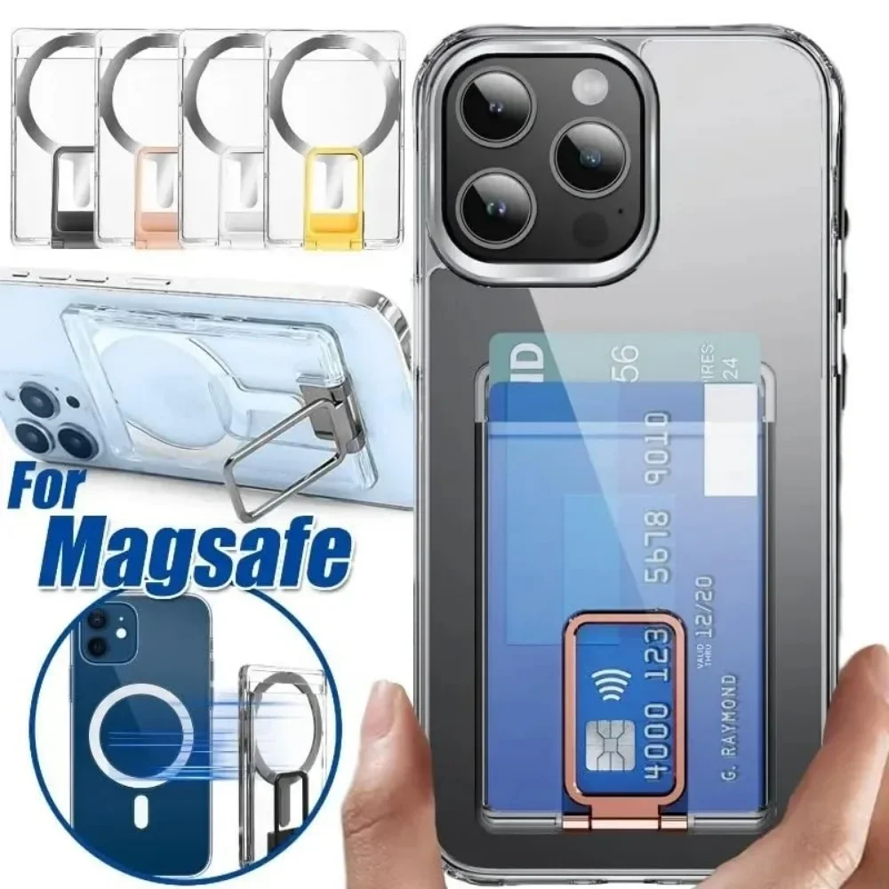 

Magnetic Clear for MagSafe Wallet & Card Holder with Metal Stand For iPhone 16 15 14 13 12 Series Phone Grip Finger Loop