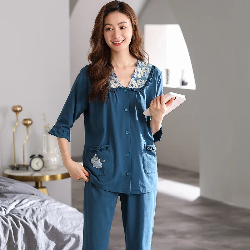 Women's Sleepwear Flower Ruffled V-neck Home Suit Soft Cotton Pyjamas Female Three Quarter Sleeves Long Pants Cardigan Pajamas