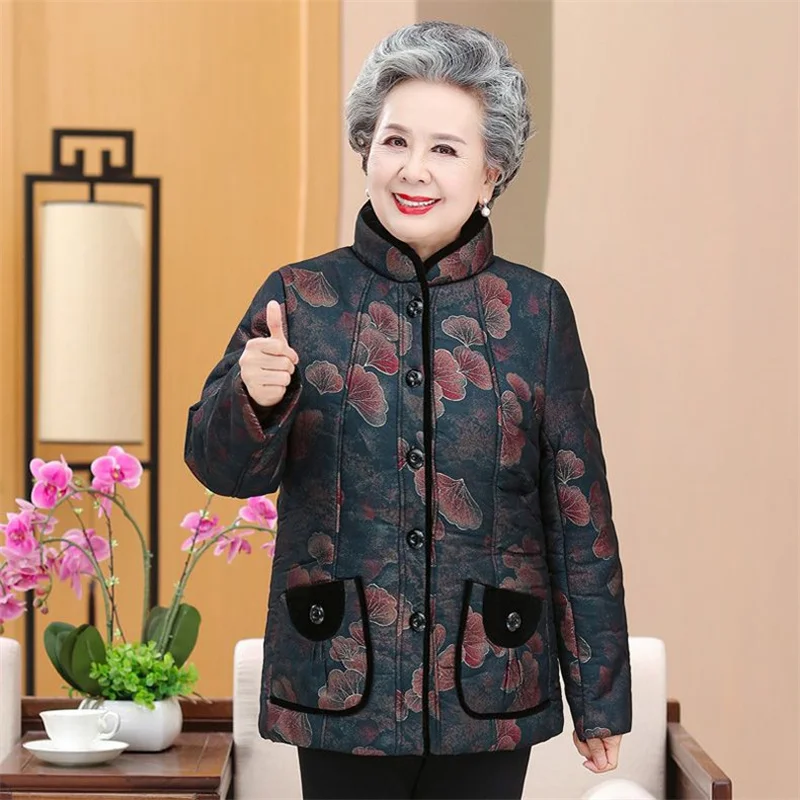 Grandma\'s  Winter Cotton Padded Jacket 60-80 Year Old Mother Warm Outwear Thicken Velvet Warm Parkas Elderly Women Winter Coat
