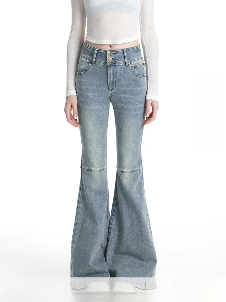 Retro American Denim Jeans Women's Blue Washed Slimming High Waist Bell Bottom Pants ABMY Cotton Stretch Denim Skinnies