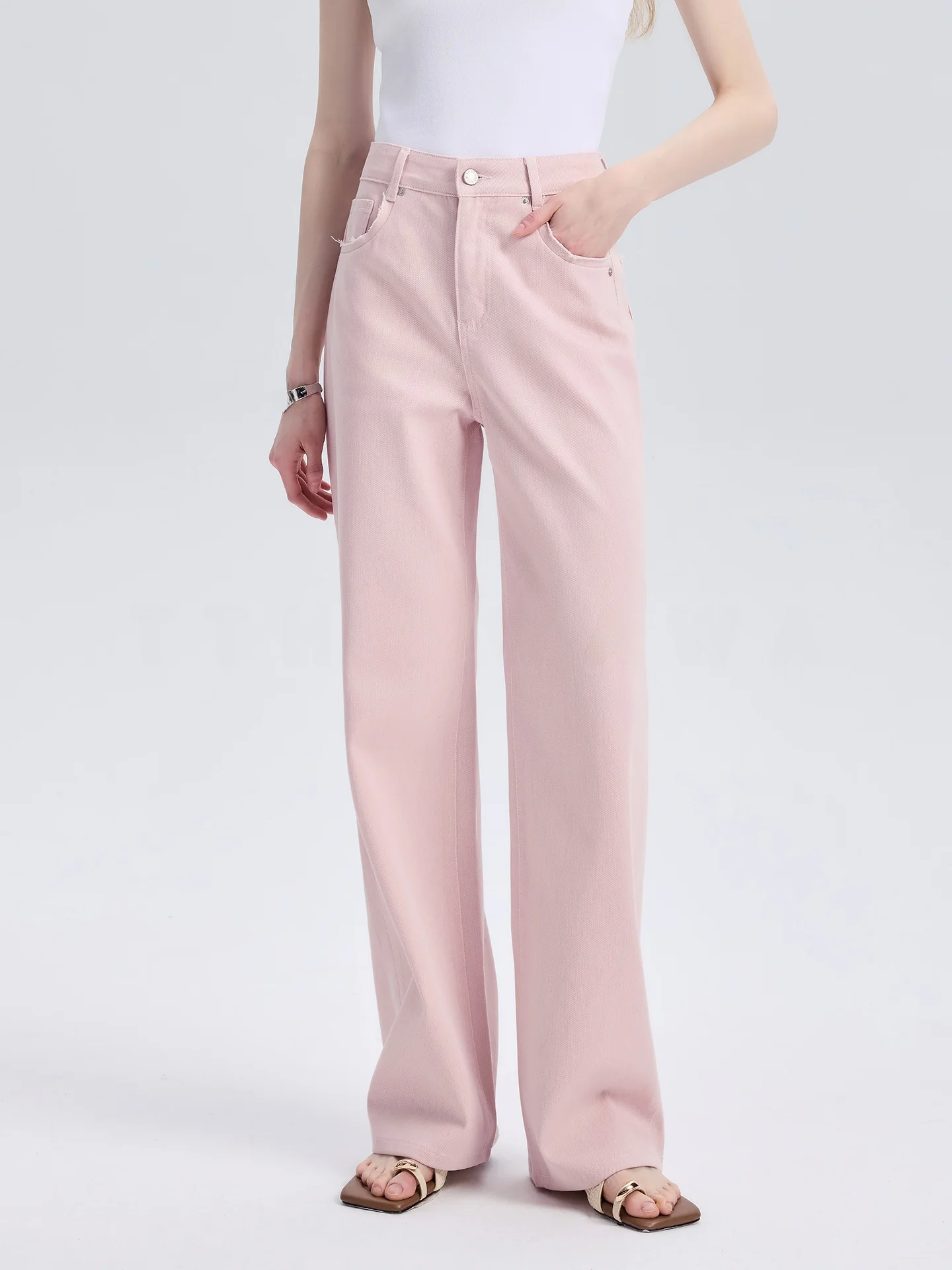 

TTH WAWA High Waist Slim Fit Straight Leg Pink Jeans Women's New 2026 Spring Long Floor Length Pants Cotton Stretchy