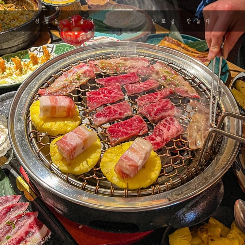 Cast Iron BBQ Grill - Smokeless Round Charcoal Grill for Indoor Outdoor Use, Multi-Purpose for Meat & Pancake