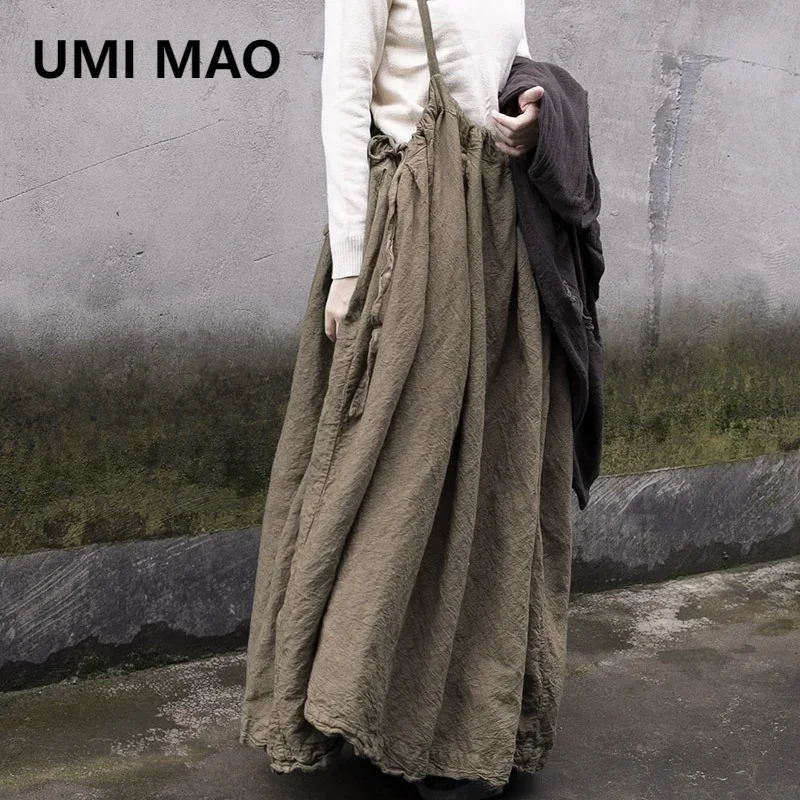 UMI MAO Coarse Graceful Texture Backband Skirt Autumn Winter Chinese Style Cotton Hemp Art Super Large Lace Up Skirt Women Y2k