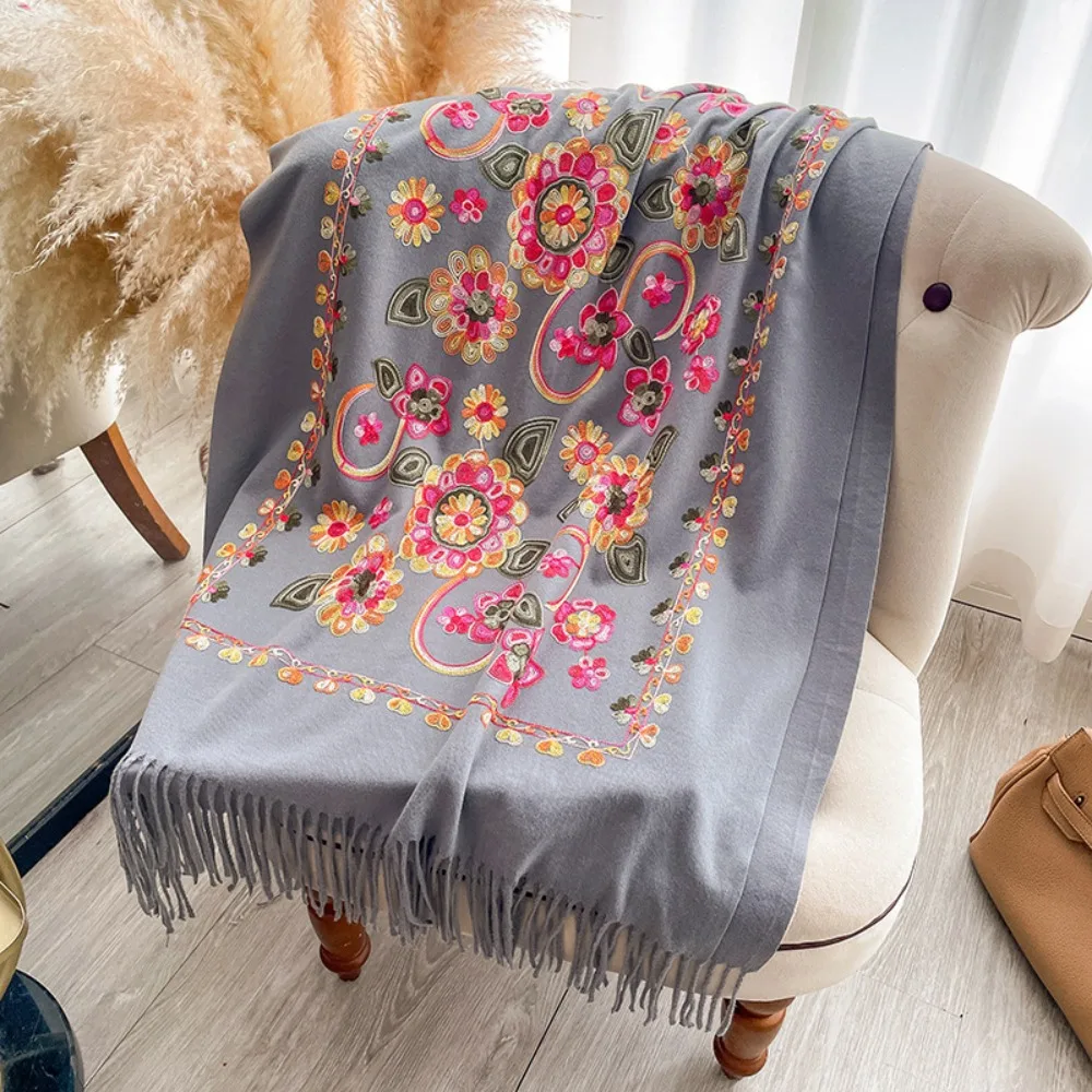 

Cashmere Feel Women Scarf Embroider Flower Ethnic Style Floral Embroidered Shawl Versatile Breathable Cashmere Scarf