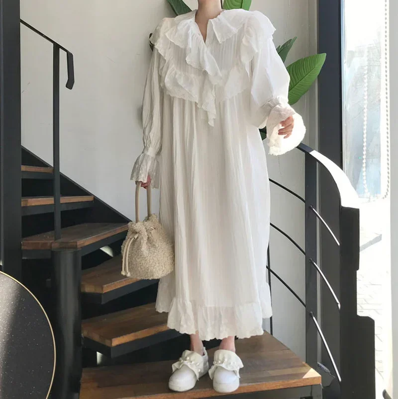 فستان أبيض غير رسمي أنيق فضفاض للنساء من الدانتيل بياقة مكشكشة وأكمام واسعة فستان كوري أنيق بتصميم بوهو طويل ماكسي #5