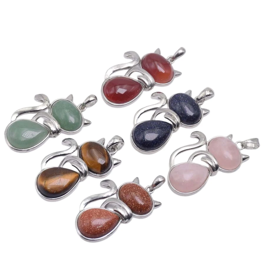 Reiki Natural Stone Necklace Pink Quartz Pendant for Women Girl Cute Cat Shape Oval Waterdrop Rock Black Onyx Bead Chain Jewelry