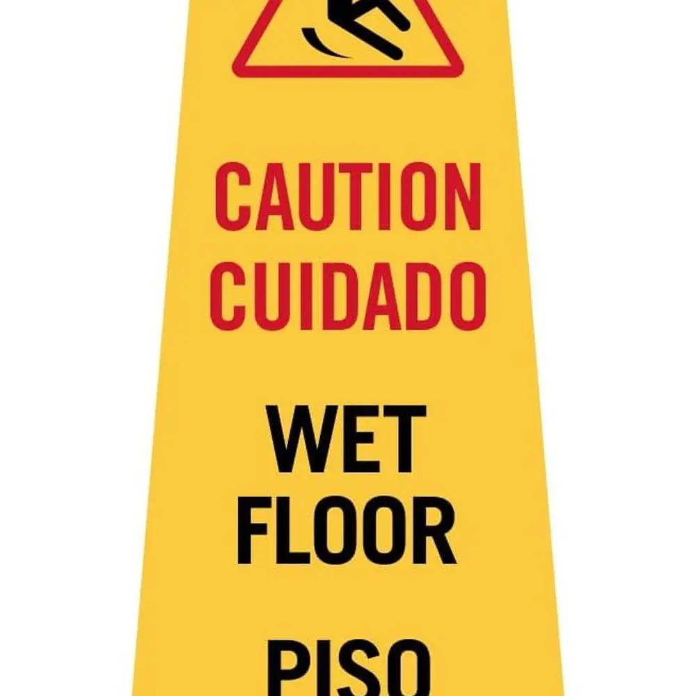 

Bilingual 4-Sided Wet Floor Warning Cone, 26.75 x 11, Stackable, Yellow, 360° View, Plastic