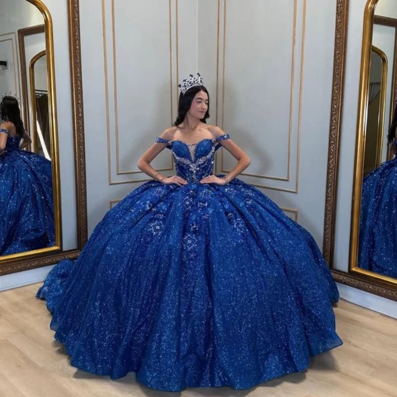 

Customized Shiny dark blue Quinceanera Dresses Off the Shoulder sequin applique crystal flower Long tail Vestido 15 Quinceanera