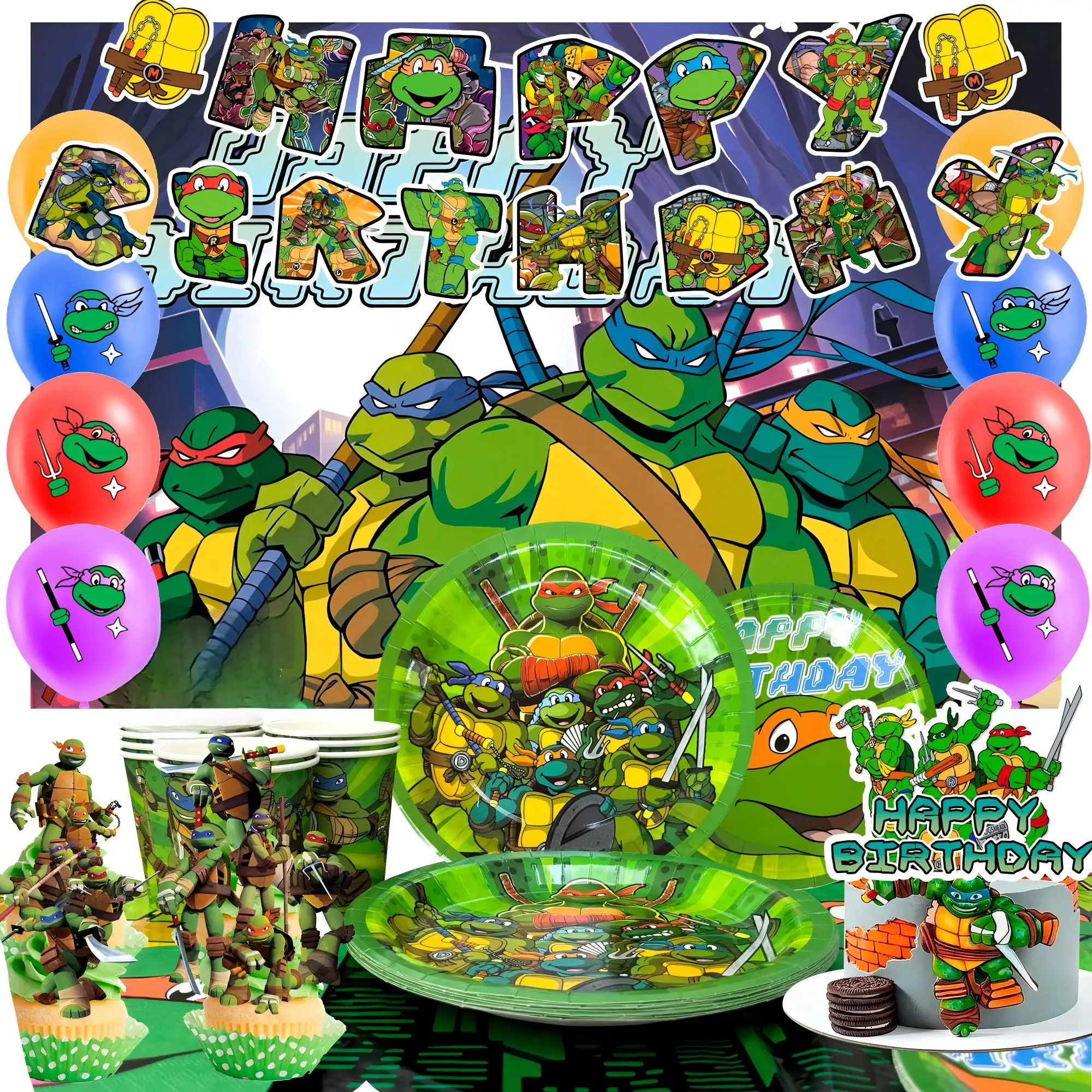 98 Pcs Ninja Turtles Birthday Party Supplies - Ninja Turtles Party Banner Balloons Plates Etc Ninja Turtles Party Decorations