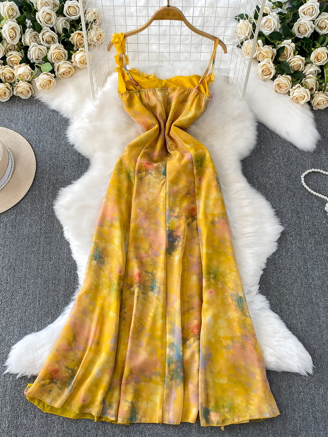 Impresionante Vestido Único 3D Floral Tie Dye de Vacaciones para Mujer con Tirantes, Falda Larga de Cintura Alta, Línea A, Ve...