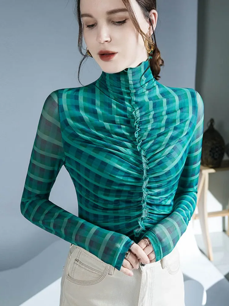 Bonboho Women's Aqua Green Grid High Neck Top Sheer Long Sleeves Slim T-shirt Pleated Front Elegant Undershirts 2026 New