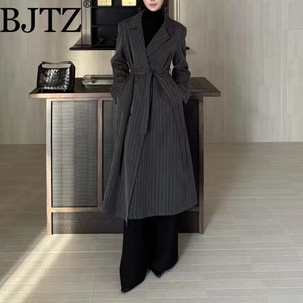

BJTZ модный длинный пиджак в полоску со шнуровкой на талии для женщин, весна-осень 2022, темпераментная офисная женская новая женская верхняя одежда