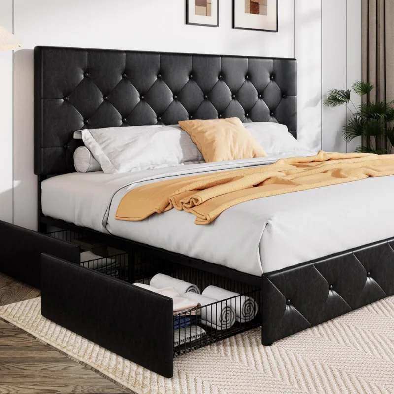 

King Size Black Metal Faux Leather Platform Bed Frame With 4 Drawers