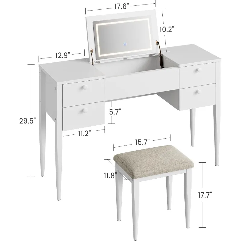 Makeup Vanity Desk with Mirror and Lights, 3 in 1 Make Up Vanity Table with Lighted Mirror, 3 Lighting Mode, Modern Flip Top