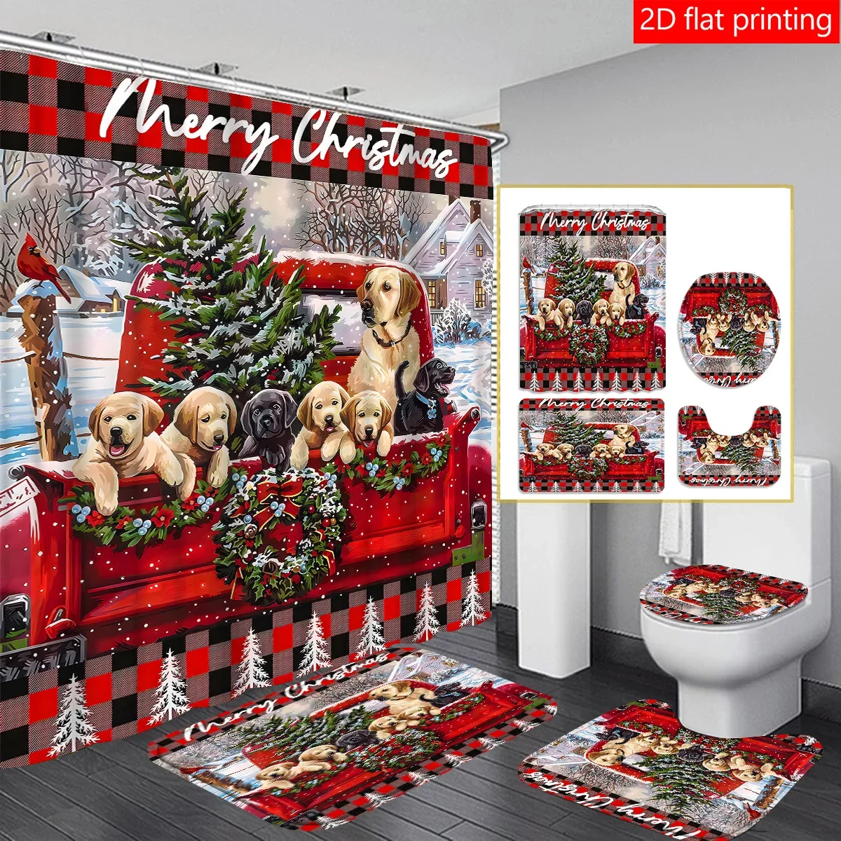 

4pcs Christmas Labrador gift curtains Shower curtain decoration, beautiful housewarming gift modern home decoration, waterproof
