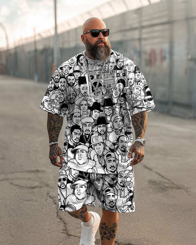 Men's Plus Size Summer Casual Outfit - All Over Print Hip-Hop Legends Short Sleeve T-Shirt and Shorts Two-Piece Set