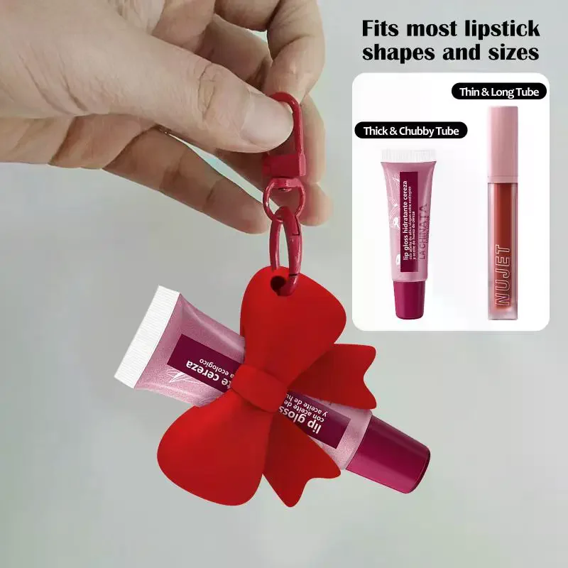 Silicone Bow Lipstick Holder With Keychain: Easy To Carry Lip Gloss Protective Sleeve Bag Pendant