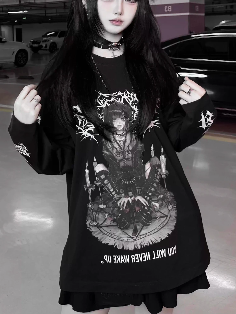 Japanese Style Subculture Gothic Retro Clothes Women Punk Print Rock Dark Y2k Tops Harajuku Girl Loose Vintage Long Sleeve Shirt