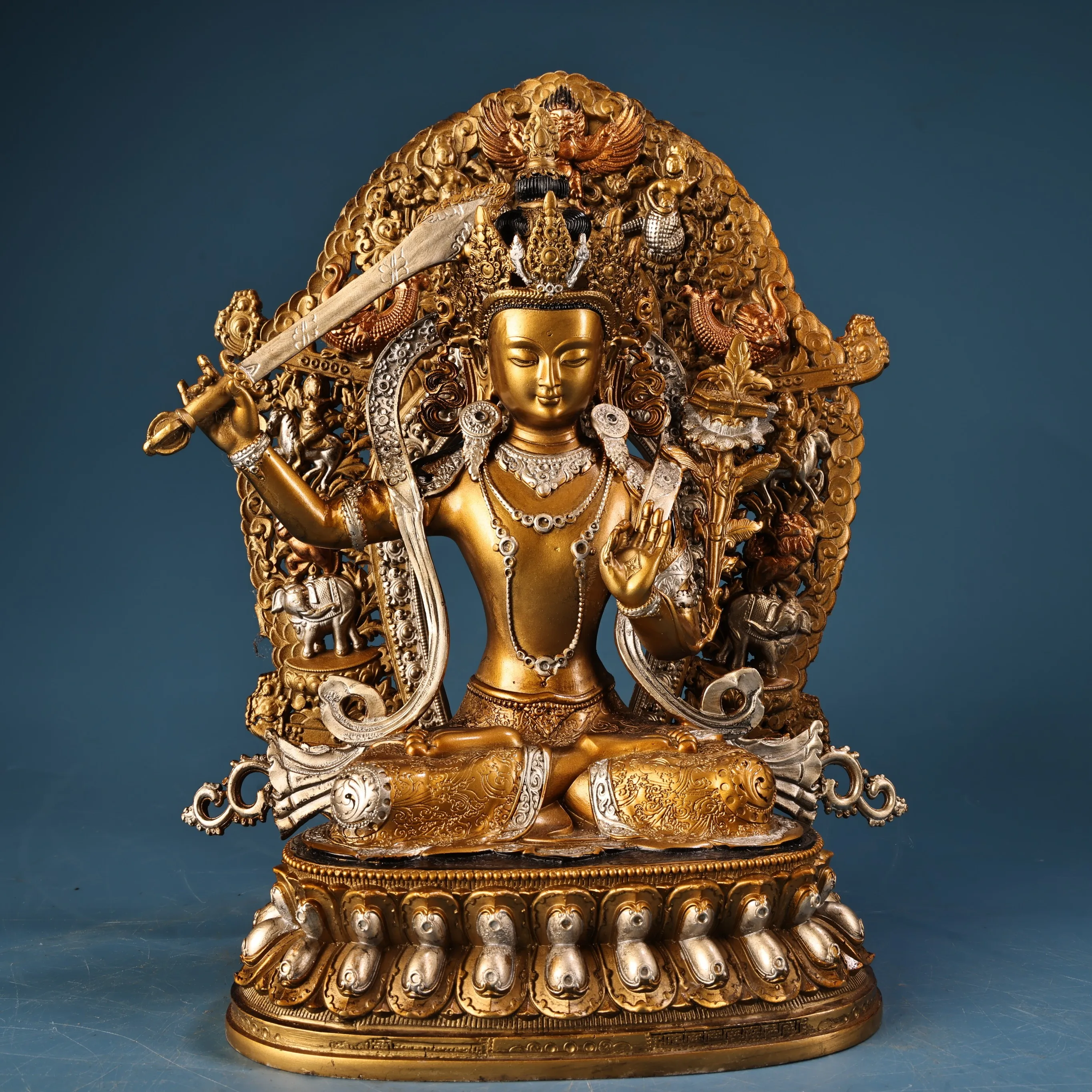 Old Bronze Painted High Relief Beast pattern backlight Manjushri Seated Buddha Double Lotus Terrace Study desktop Ornament