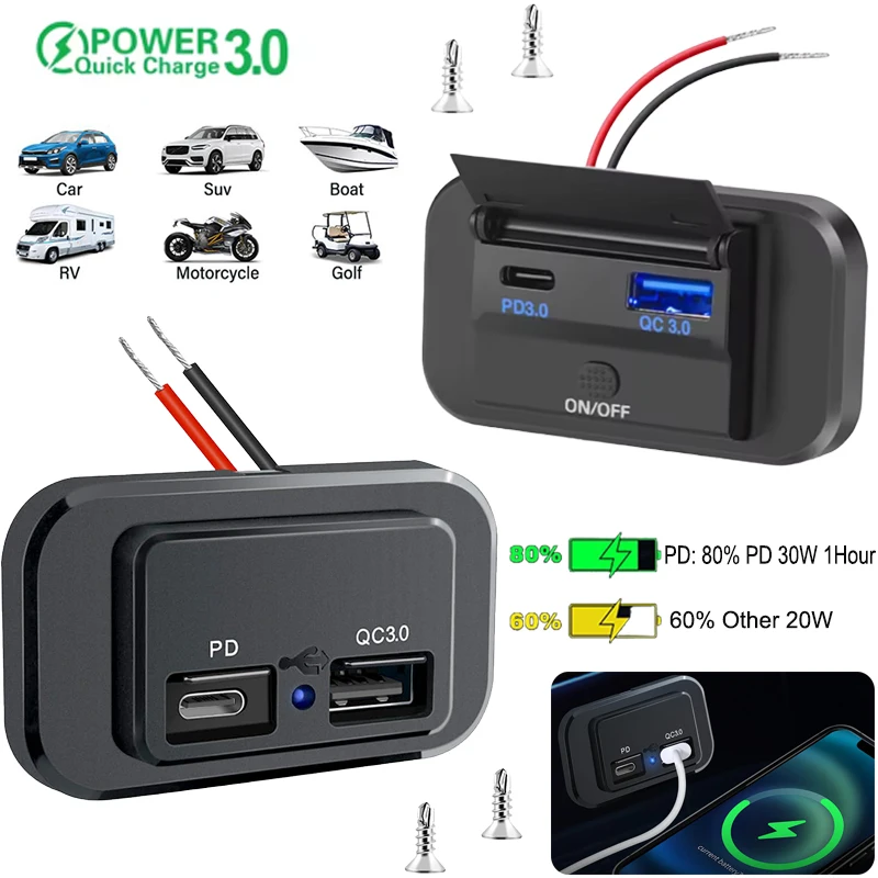 

Socket Panel 12V 24V Dual USB Outlet PD Type C QC3.0 Surface Mount with LED Light for Automotive RV Marine Boat Motorcycle Truck