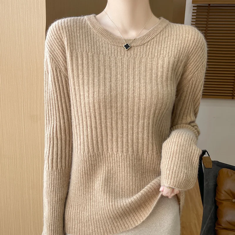 

Round Neck 100% Australian Wool Sweater Women's Long Sleeved Solid Color High-Quality Elegant Autumn Winter Knit Pullover Jumper