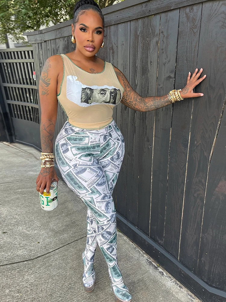 

Weird Puss, сексуальный комплект из 2 предметов с принтом доллара, женские сетчатые майки + леггинсы, полночная клубная одежда, плотные эластичные уличные хипстерские наряды