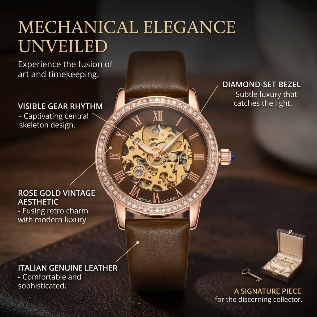 1 piece Roman numeral hollow automatic mechanical watch with pink metal case, brown leather strap