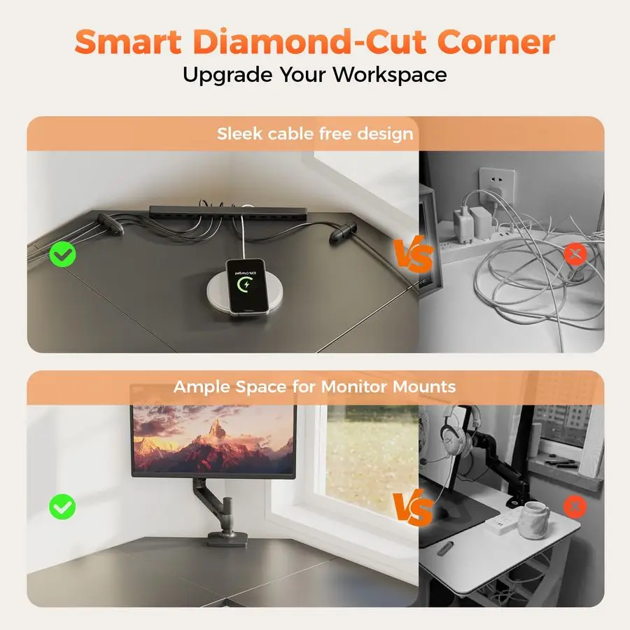 مكتب ألعاب زاوية كبيرة مقاس 50 بوصة، مكتب بسيط على شكل حرف L مع خطافات حامل وحدة المعالجة المركزية، مكتب كمبيوتر للمنزل، غرفة النوم والمكتب