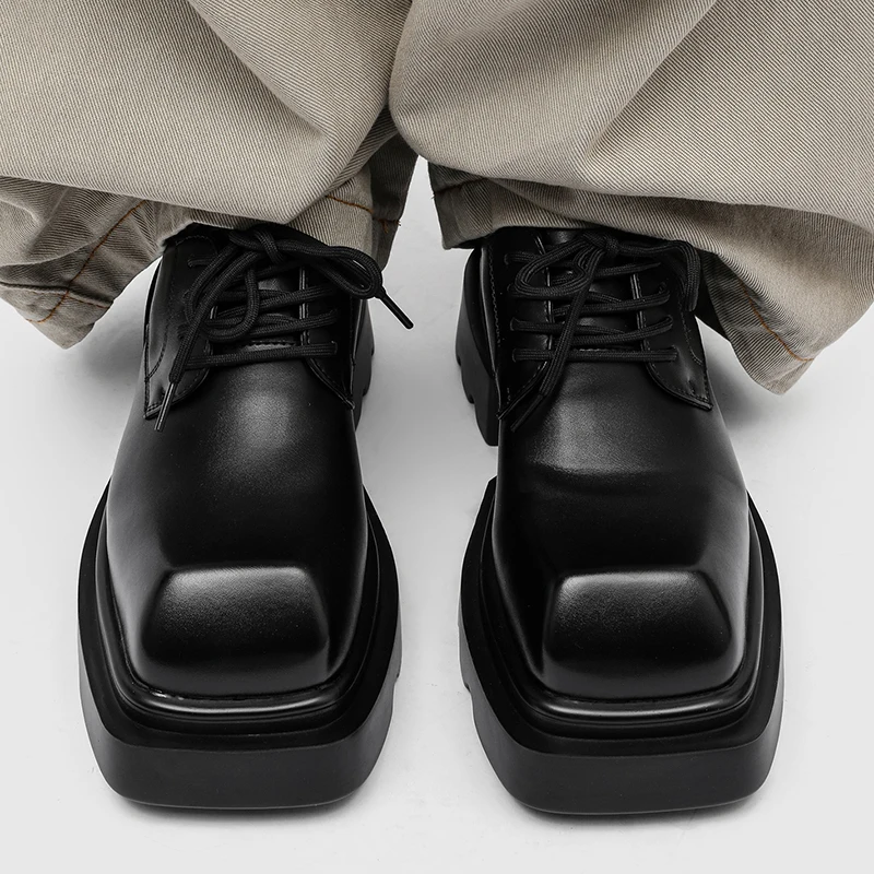 Personalized Square Toe Thick Soled Casual Derby Shoes Height Increasing Anti Slip Lightweight Youthful Fashionable